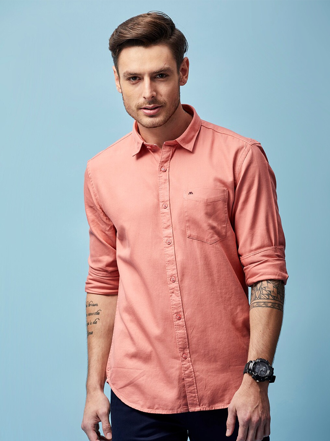 

MOZZO Classic Slim Fit Opaque Cotton Casual Shirt, Coral