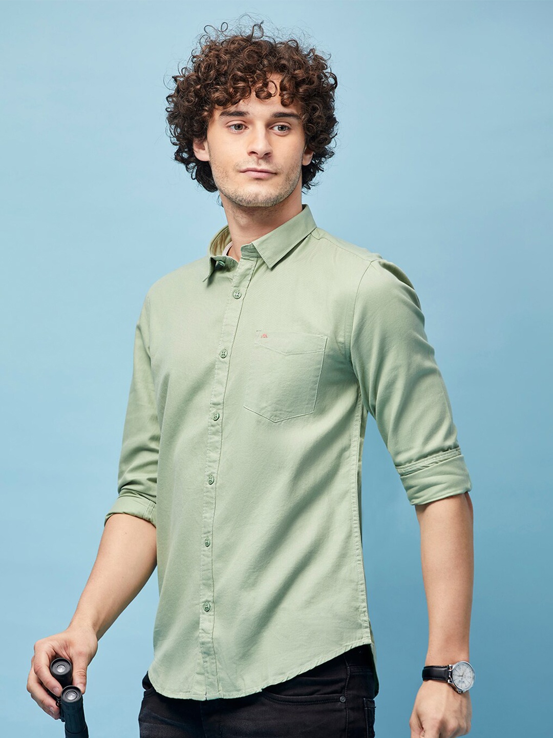 

MOZZO Classic Slim Fit Cotton Casual Shirt, Green