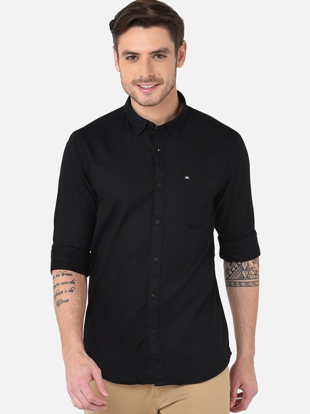 

MOZZO Classic Slim Fit Opaque Cotton Casual Shirt, Black