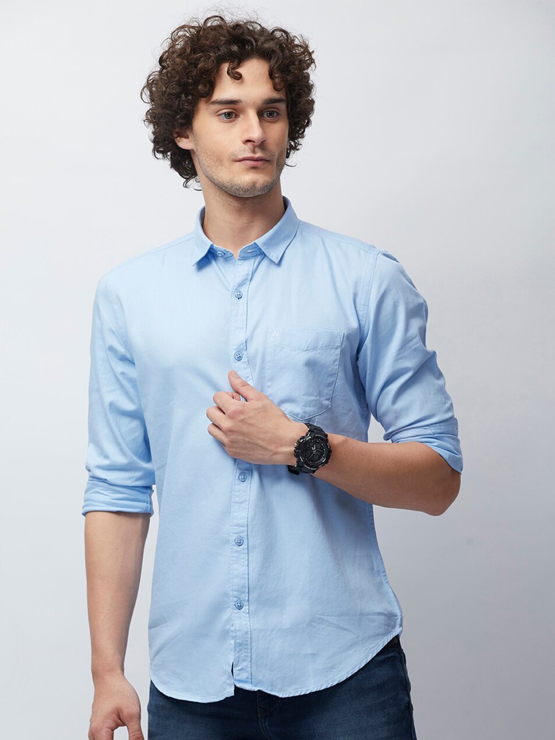 

MOZZO Classic Slim Fit Opaque Cotton Casual Shirt, Blue