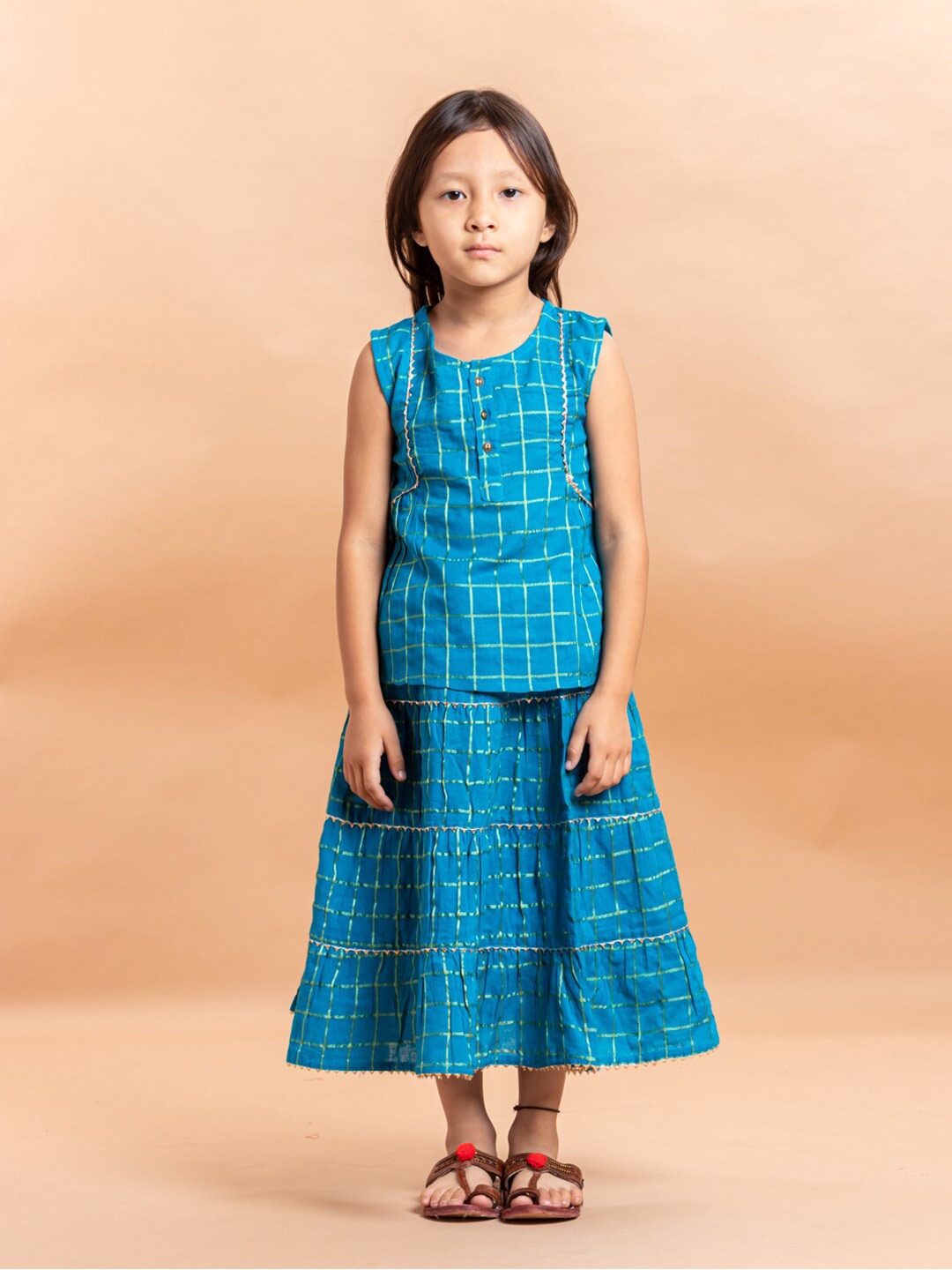 

Sangria Girls Turquoise Blue Checked Pure Cotton Lehenga With Choli