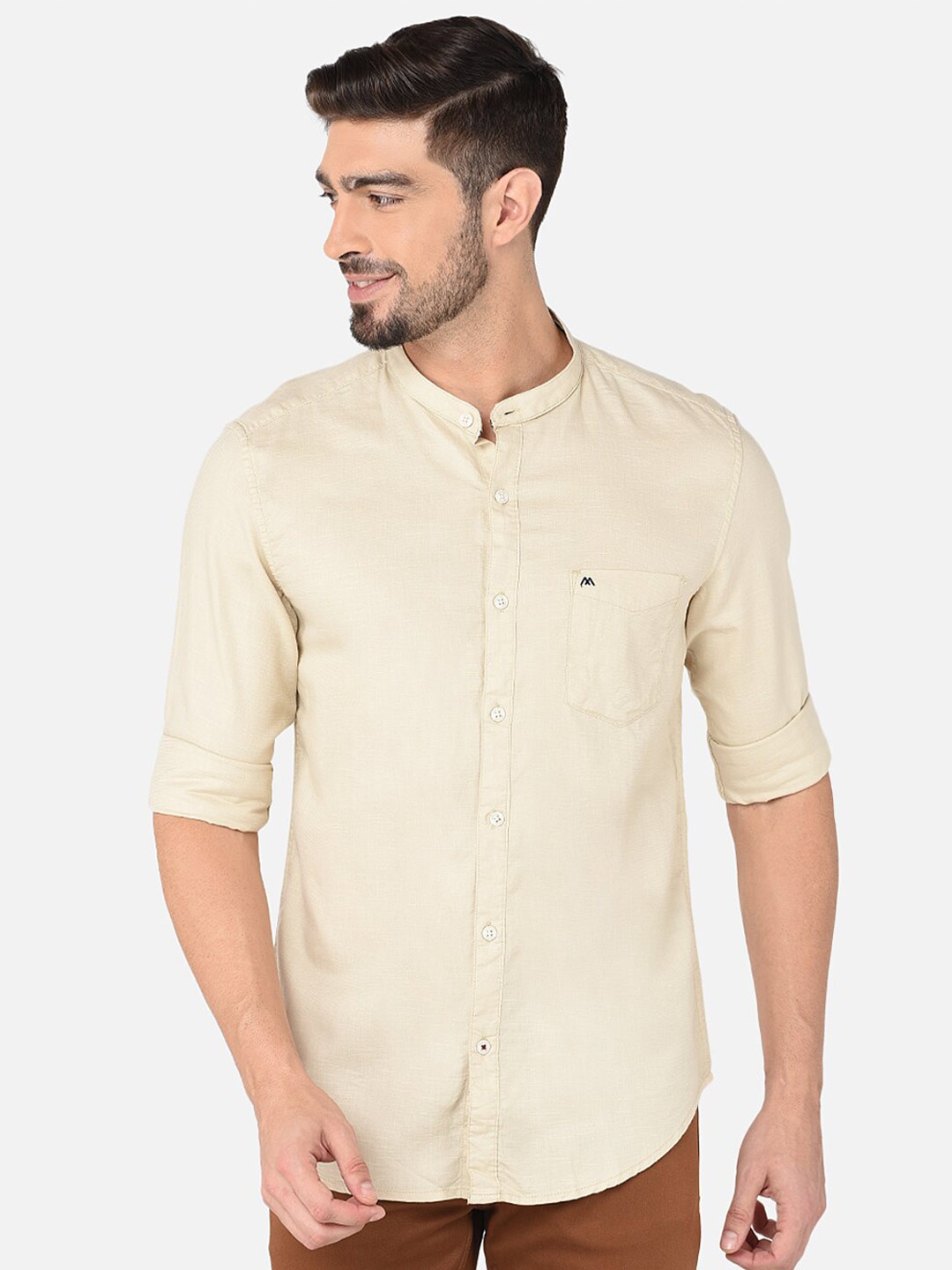 

MOZZO Classic Slim Fit Opaque Cotton Casual Shirt, Beige