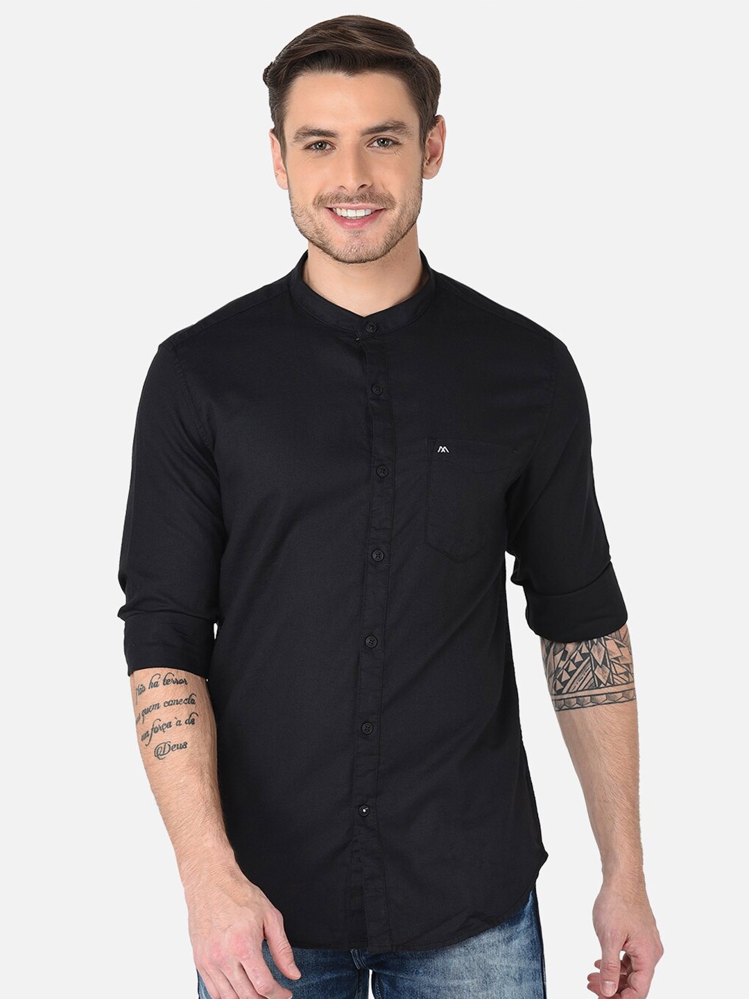 

MOZZO Classic Slim Fit Opaque Cotton Casual Shirt, Black