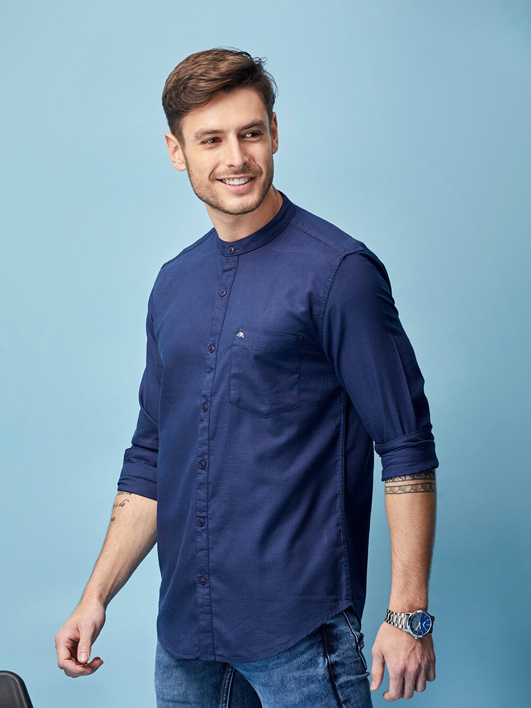 

MOZZO Classic Slim Fit Opaque Cotton Casual Shirt, Navy blue