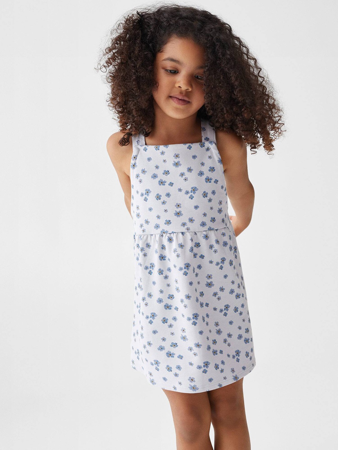 

Mango Kids Girls Pure Cotton Floral Printed Criss-Cross Back A-Line Mini Dress, Blue