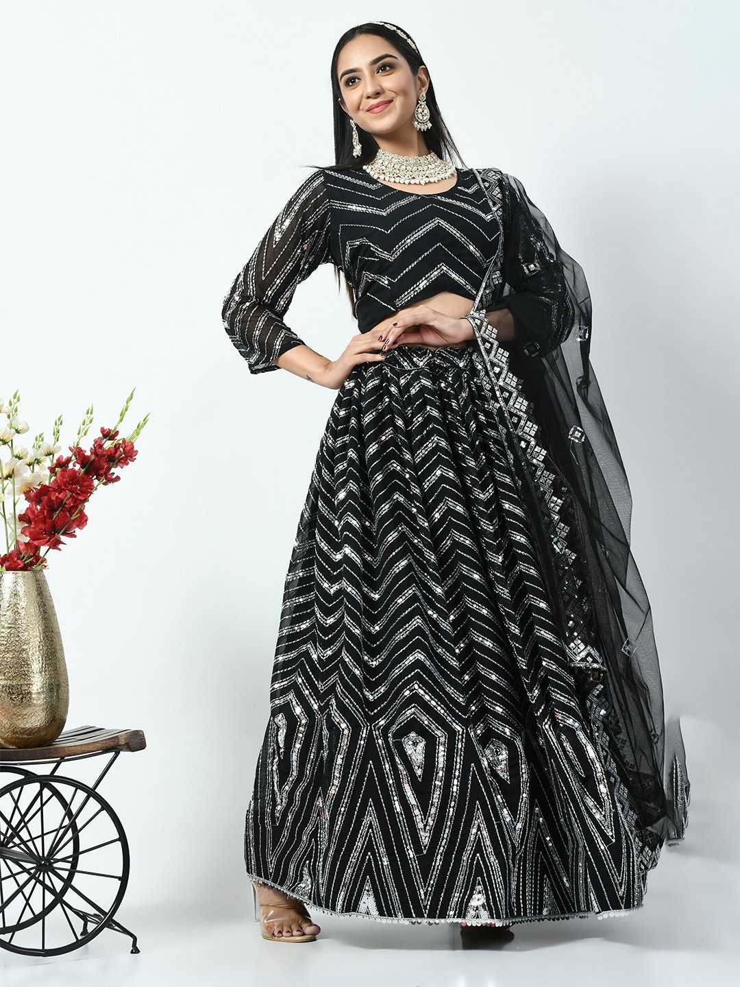 

Angroop Embroidered Sequinned Semi-Stitched Lehenga & Unstitched Blouse With Dupatta, Black