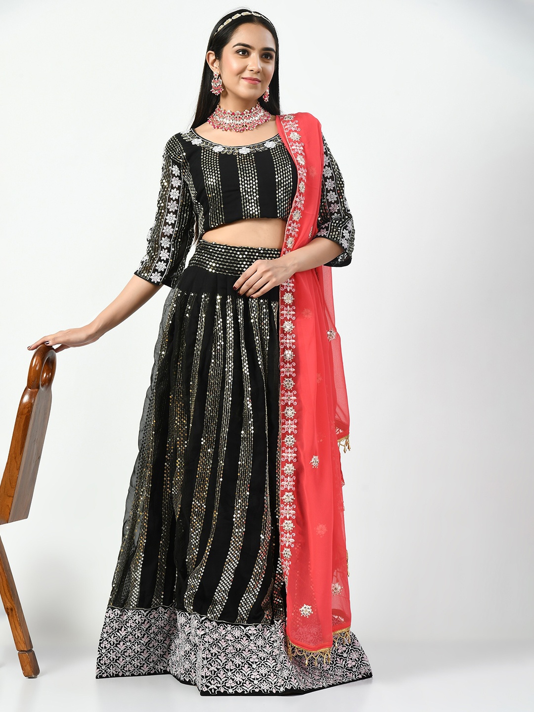 

Angroop Embellished Sequinned Semi-Stitched Lehenga & Unstitched Blouse With Dupatta, Black