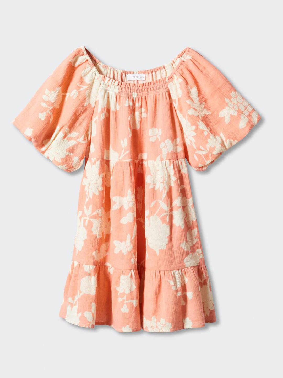 

Mango Kids Girls Pure Cotton Floral Printed Puff Sleeves Tiered Dress, Peach