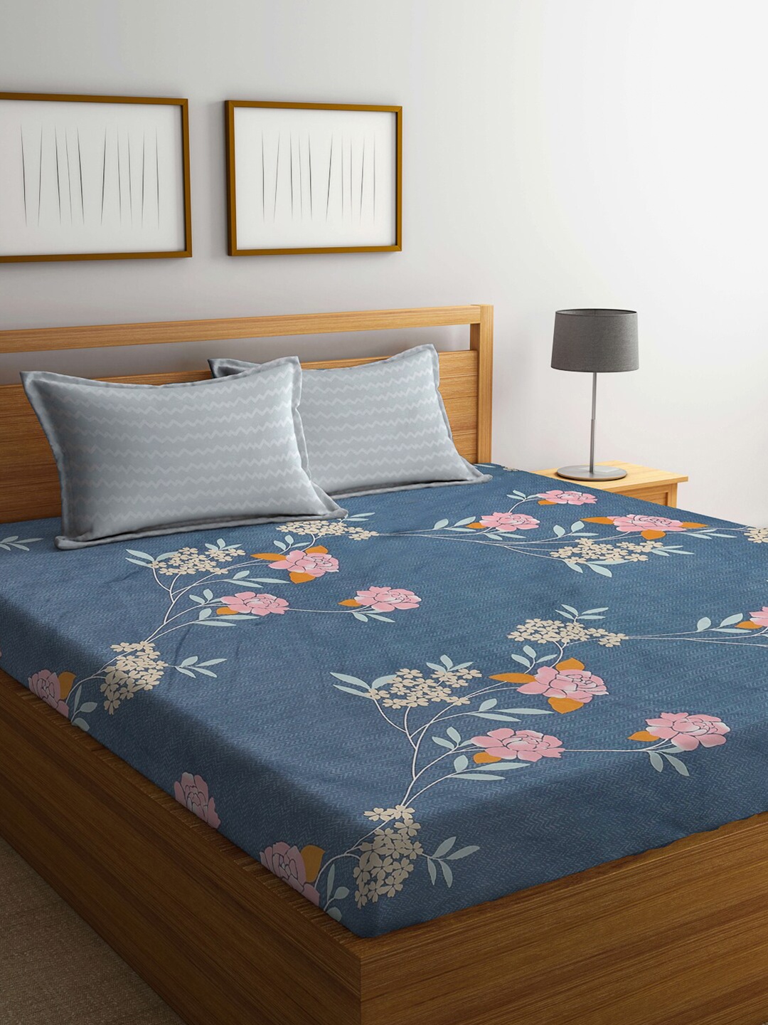 

KLOTTHE Blue Floral Printed 300 TC Double Bedsheet with 2 Pillow Covers