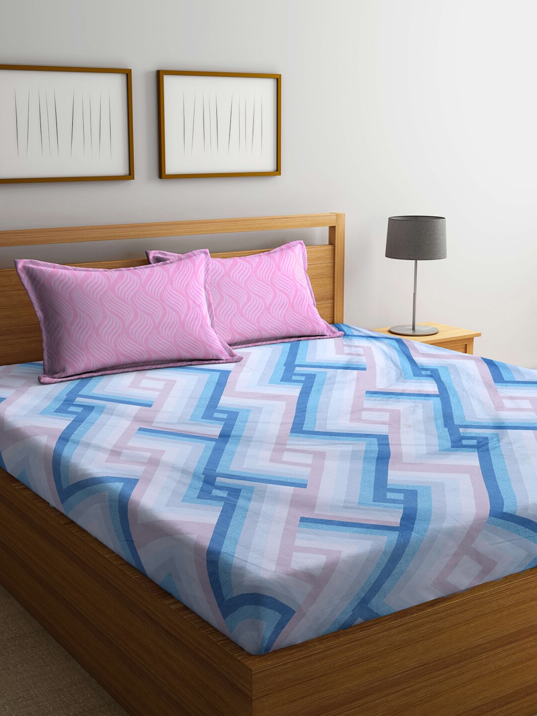 

KLOTTHE Blue & Pink Geometric Printed Cotton Blend 300 TC King Bedsheet & 2 Pillow Covers