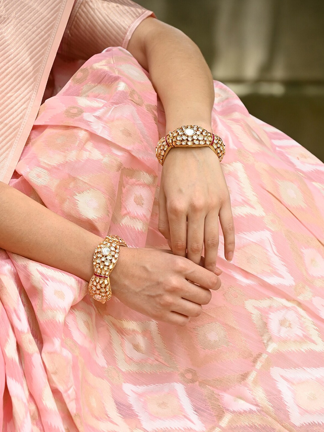 

ODETTE Women 2 Gold-Toned & White Kundan Gold-Plated Bangle-Style Bracelet