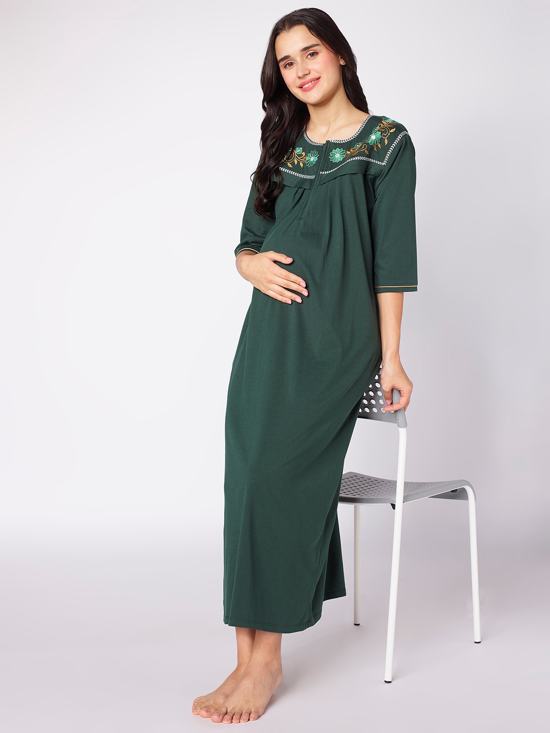 

beebelle Floral Embroidered Maternity Maxi Nightdress, Green