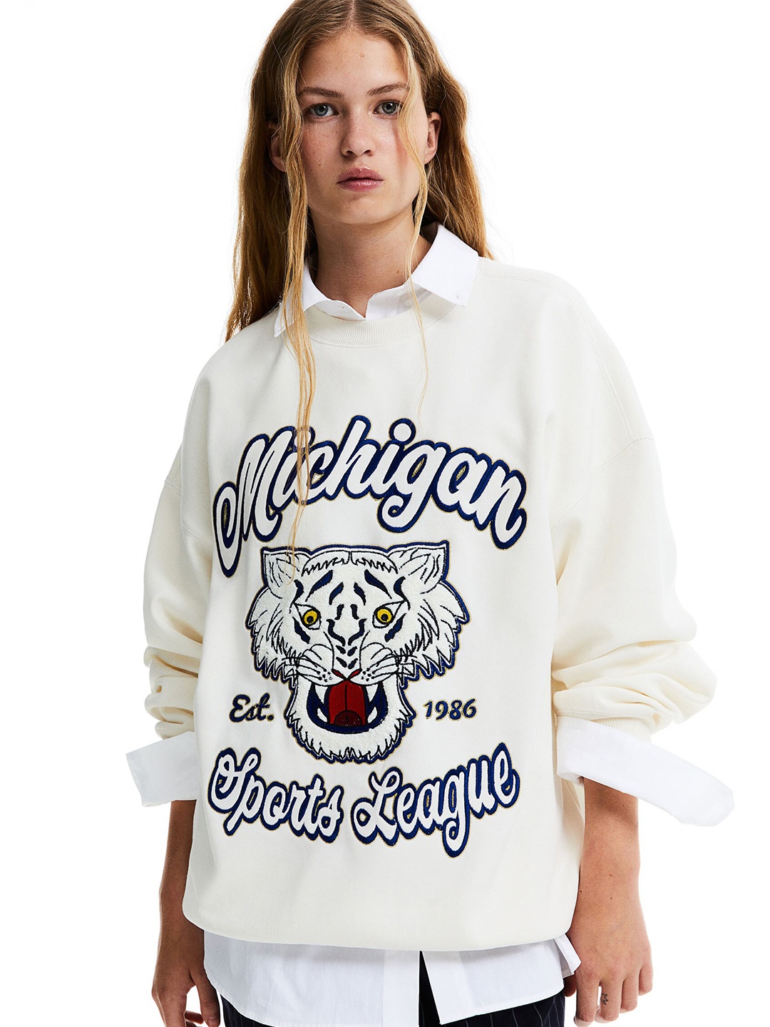 

H&M Oversized Embroidered Sweatshirt, Beige