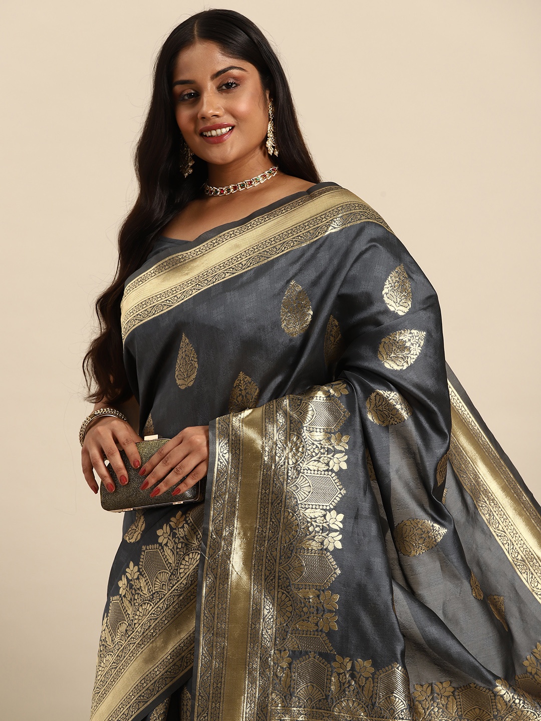 

Sztori Ethnic Motifs Zari Art Silk Banarasi Saree, Grey