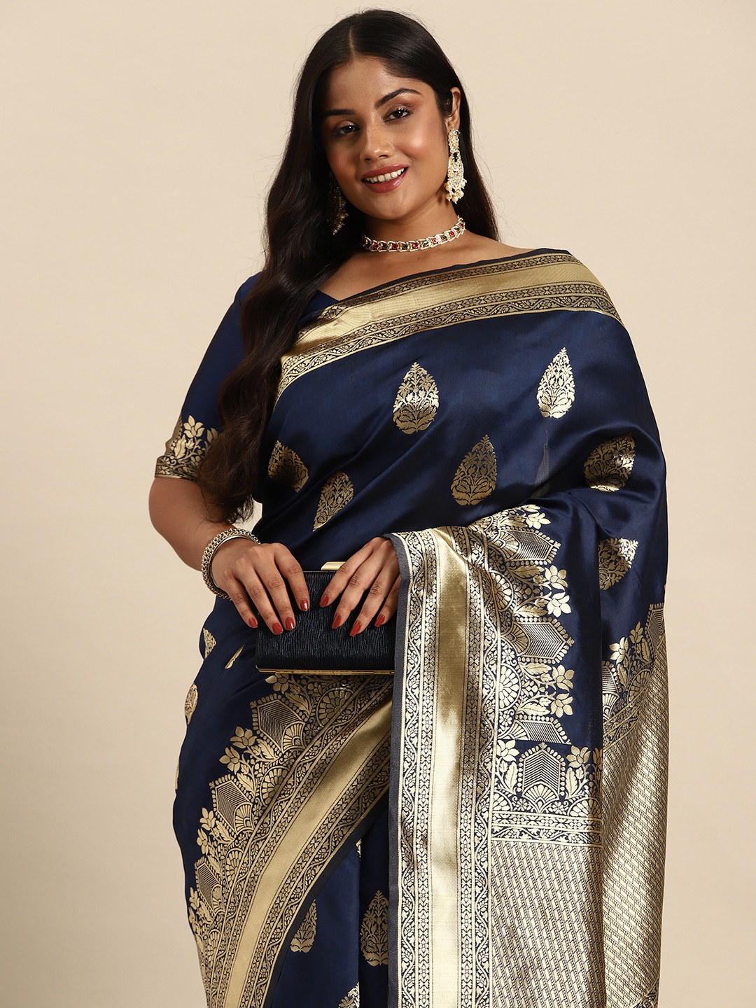 

Sztori Ethnic Motifs Zari Art Silk Banarasi Saree, Navy blue