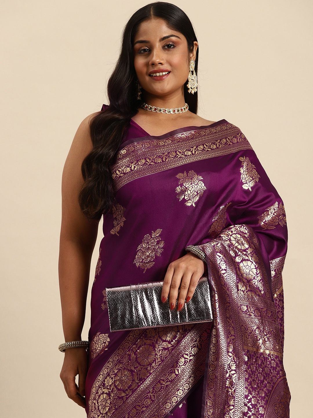 

Sztori Floral Zari Art Silk Banarasi Saree, Purple