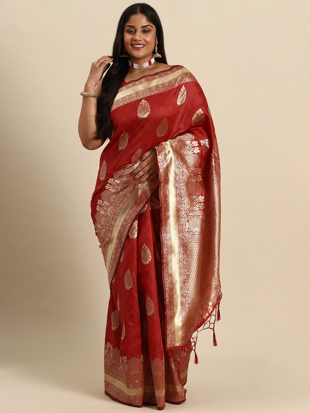 

Sztori Floral Zari Art Silk Banarasi Saree, Red