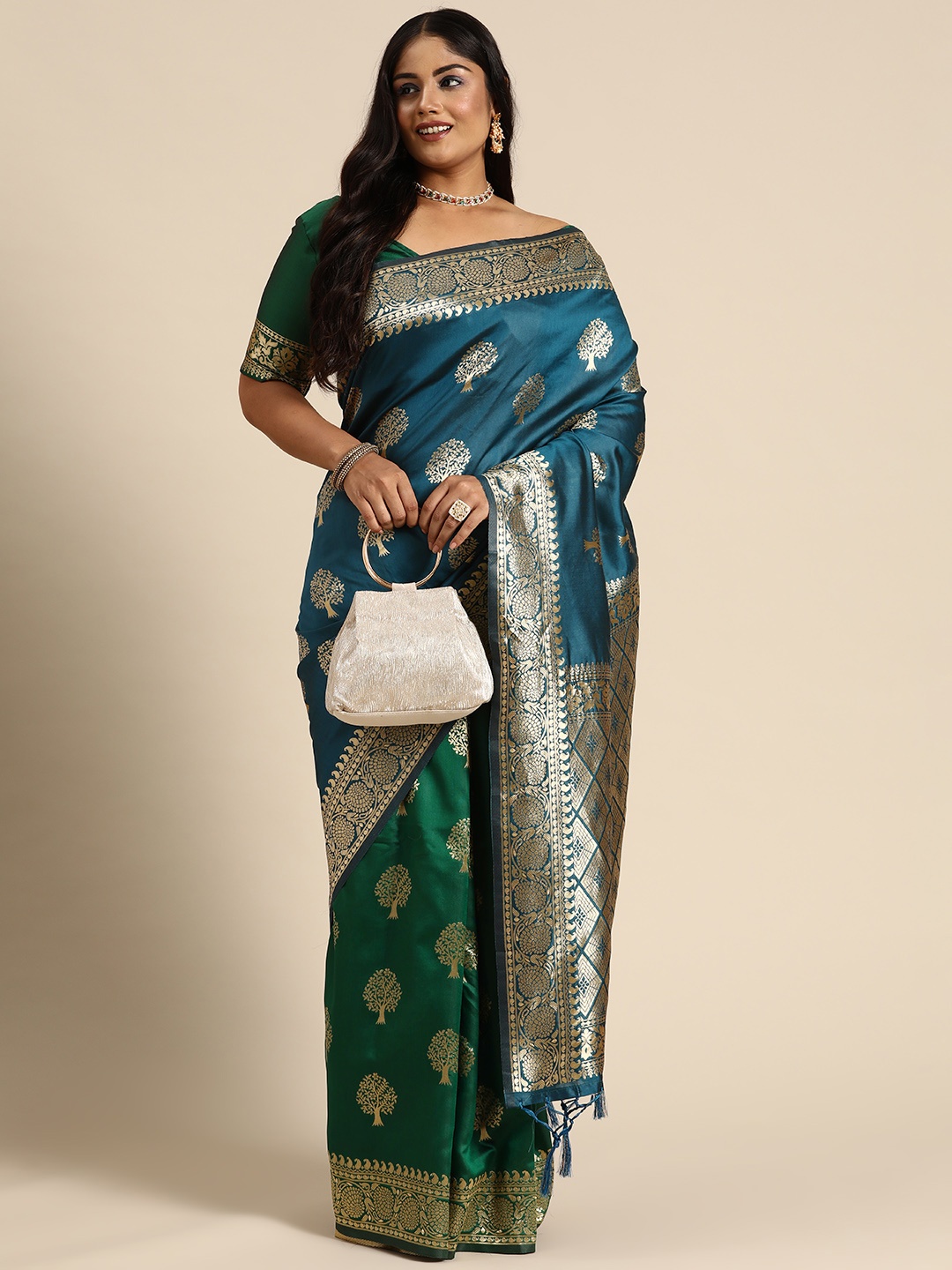 

Sztori Floral Zari Art Silk Half and Half Banarasi Saree, Teal