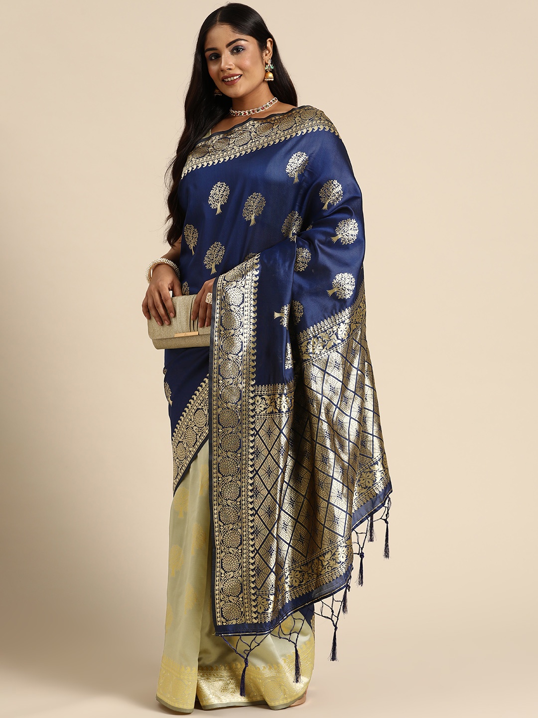 

Sztori Floral Zari Art Silk Half and Half Banarasi Saree, Navy blue