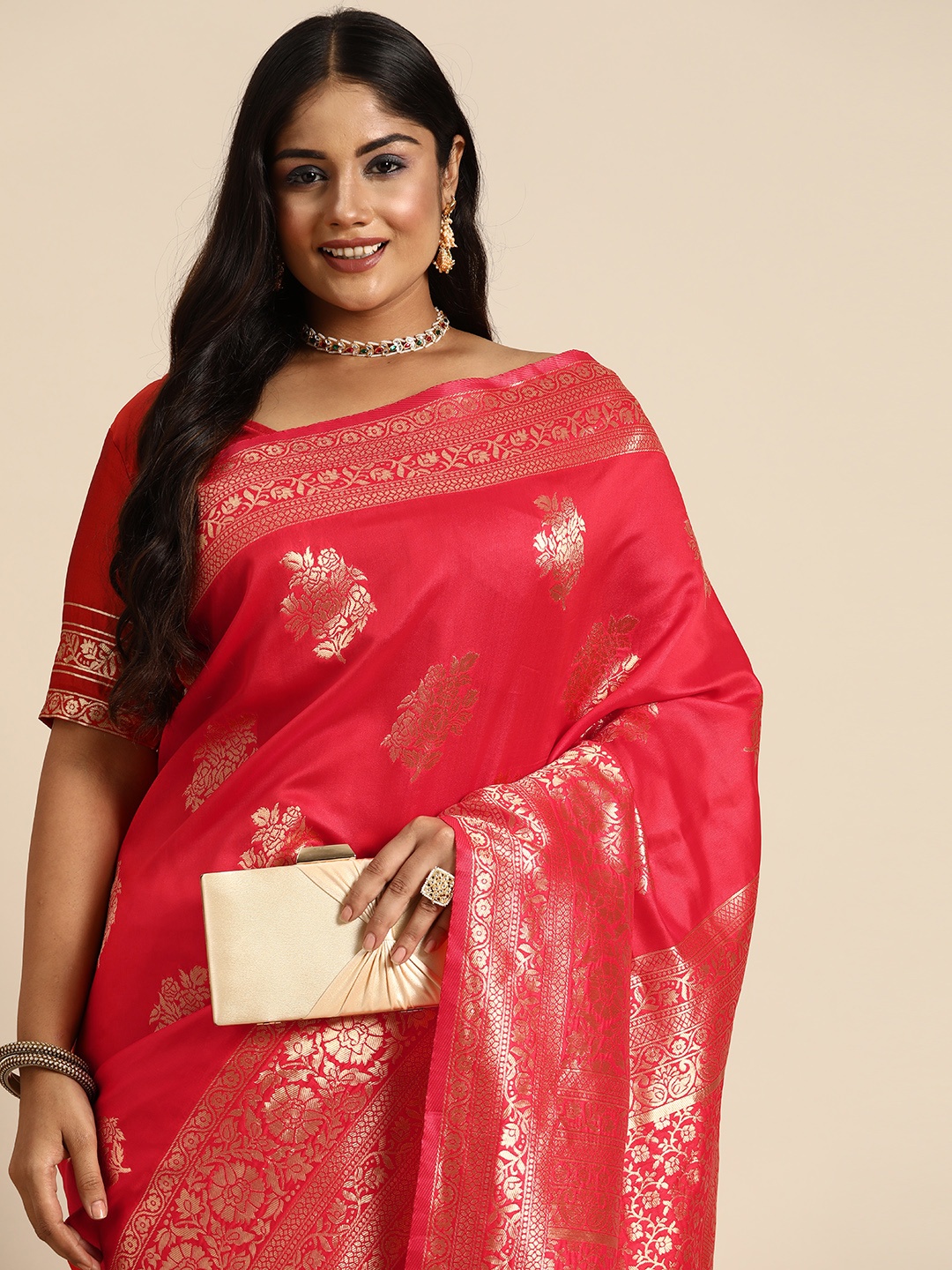 

Sztori Floral Zari Art Silk Banarasi Saree, Red