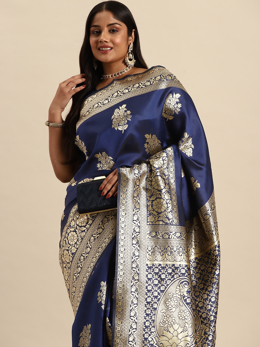 Sztori Floral Zari Art Silk Banarasi Saree, Navy blue
