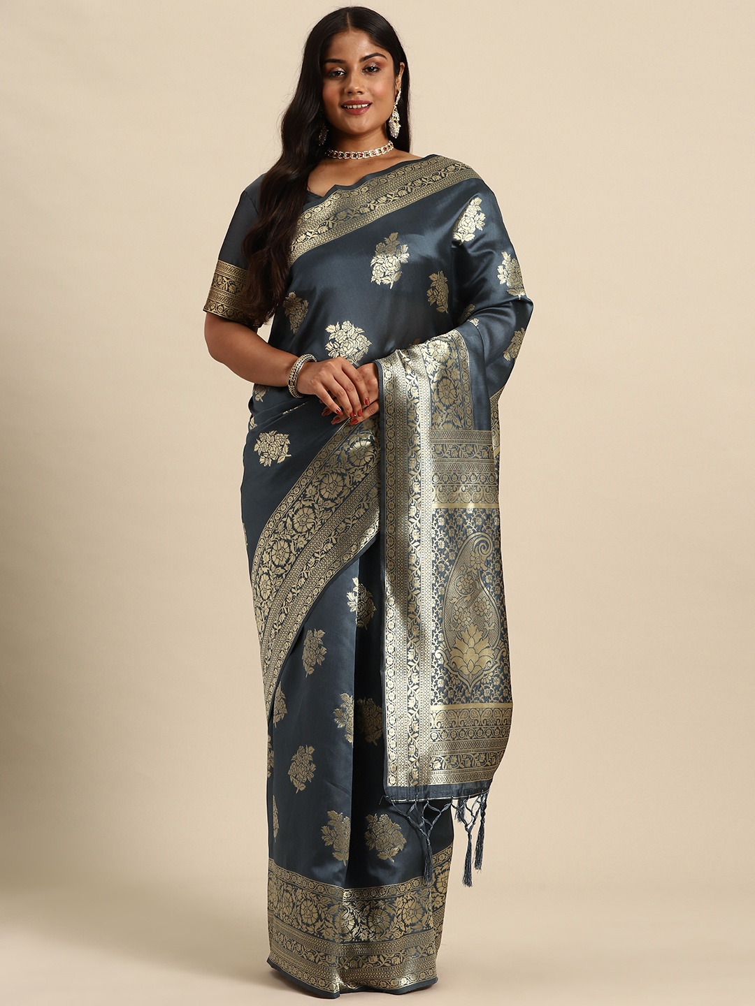 

Sztori Floral Zari Art Silk Banarasi Saree, Grey