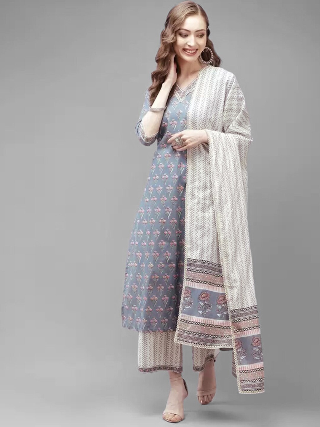 

KALINI Floral Printed V-Neck Straight Kurta & Trousers with Dupatta, Blue