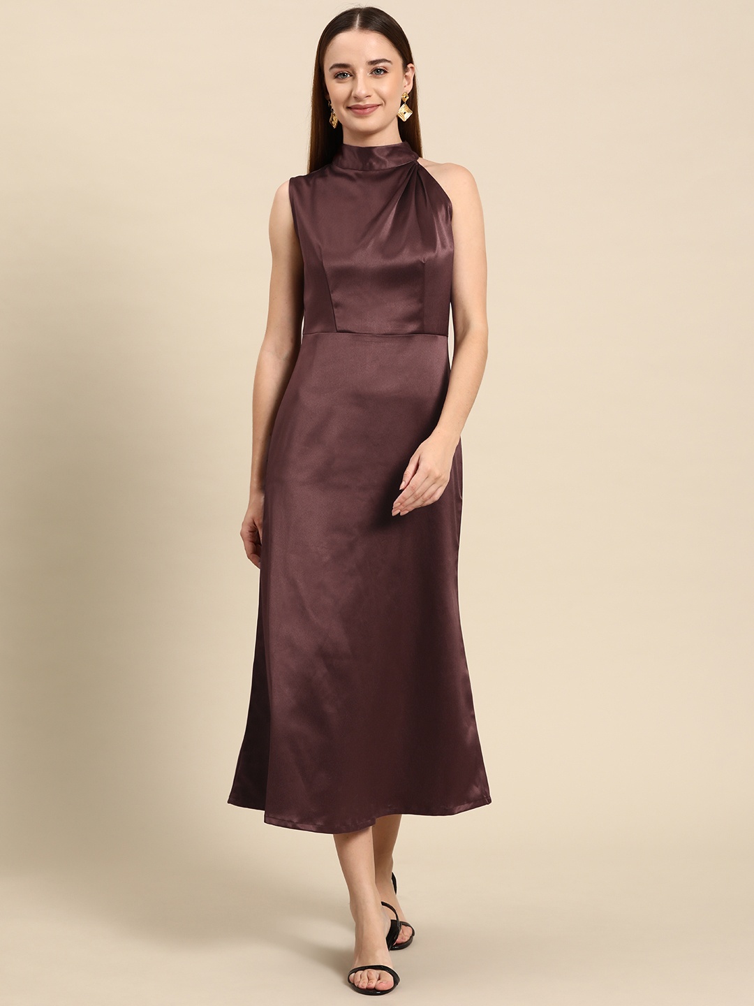 WoowZerz Solid Halter Neck Satin Fit & Flare Midi Dress, Brown