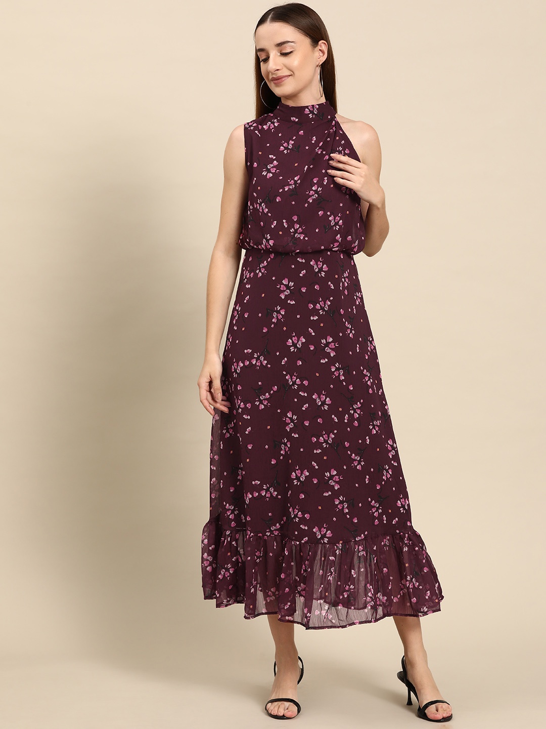 

WoowZerz Floral Print Halter Neck Chiffon Fit & Flare Midi Dress, Maroon