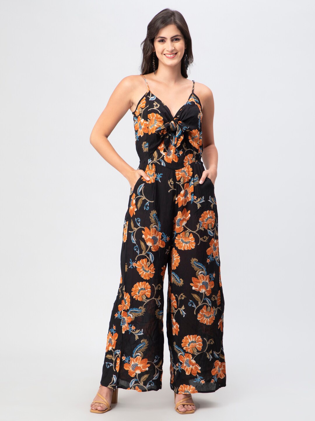 

DEBONATELLA Floral Printed Basic Jumpsuit, Black