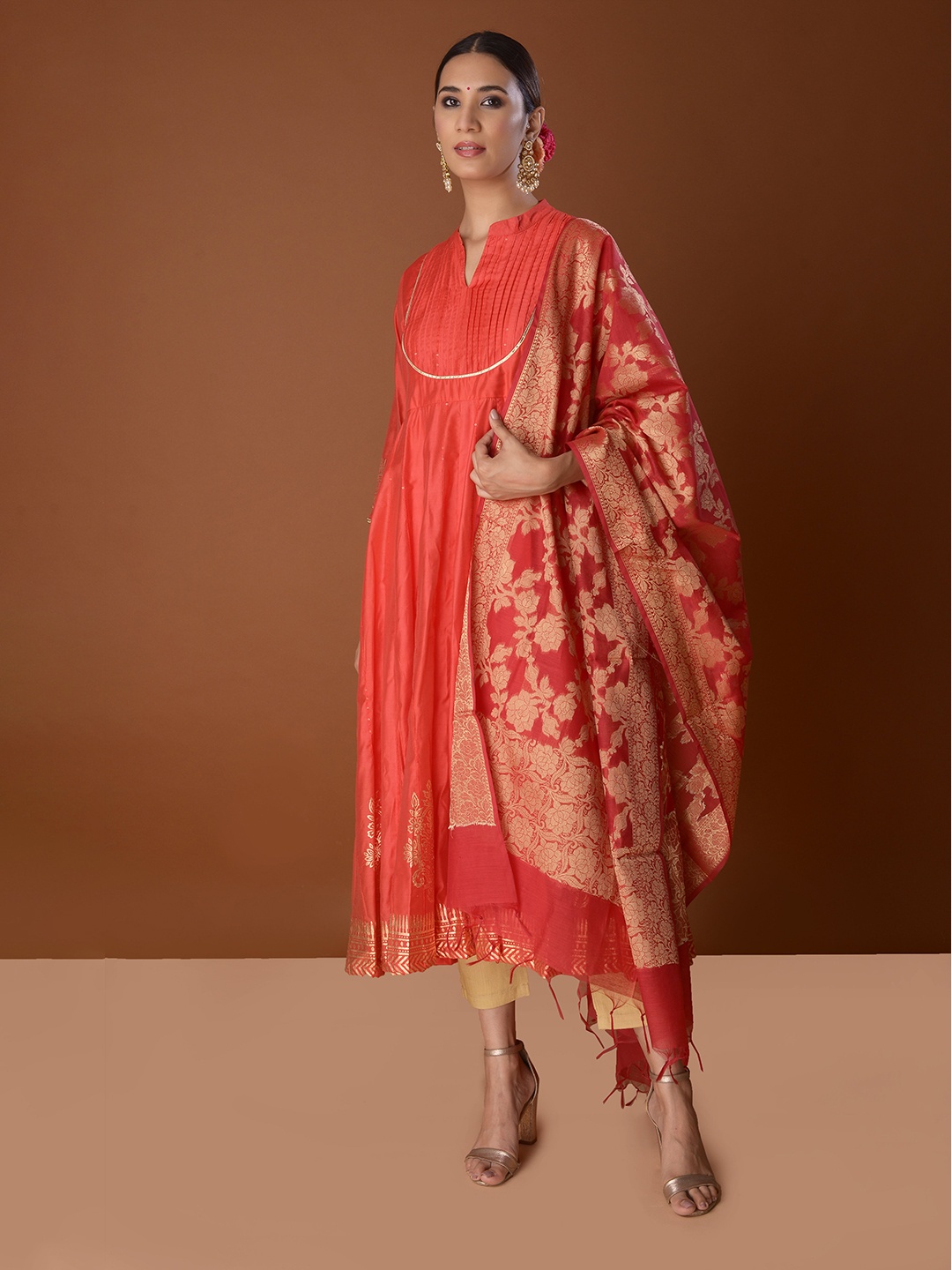 

PINKSKY Orange & Gold-Toned Woven Design Dupatta with Zari