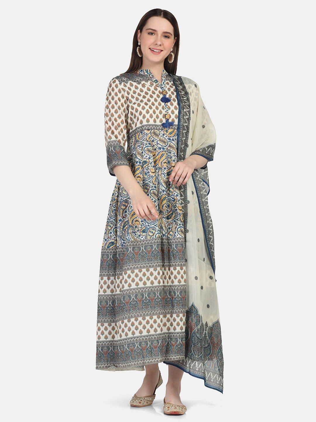 

FFU Ethnic Motifs Mandarin Collar Fit & Flare Polyester Ethnic Dresses With Dupatta, Off white