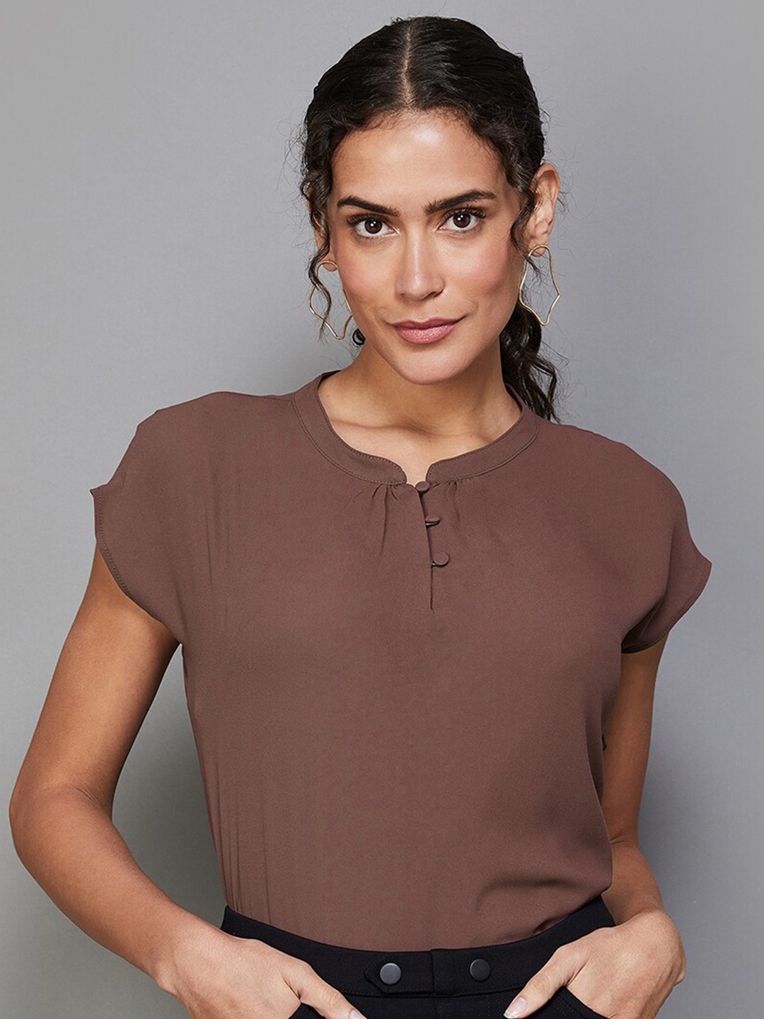 

CODE by Lifestyle Round Neck Extended Sleeves Regular Top, Brown