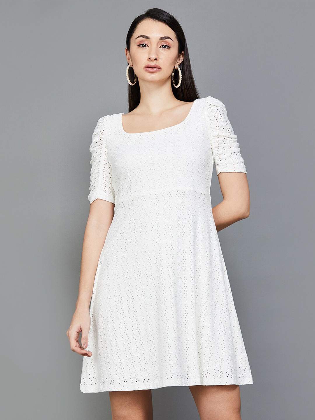 

CODE by Lifestyle Self Design Embellished Square Neck Puff Sleeve Fit & Flare Dress, White