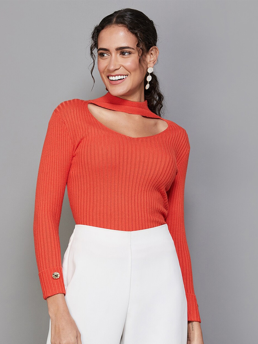 

CODE by Lifestyle Striped Choker Neck Fitted Top, Orange