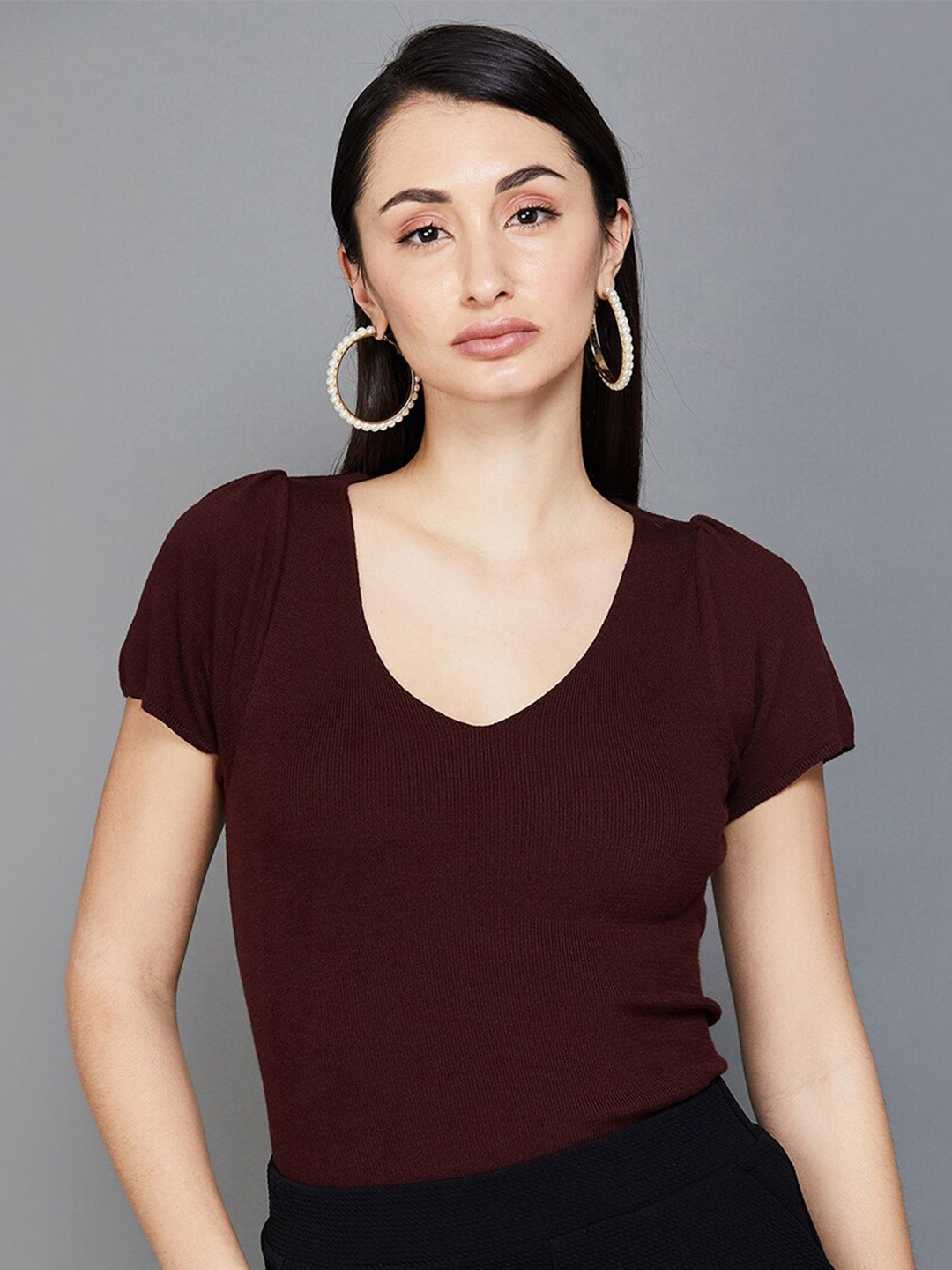 

CODE by Lifestyle V-Neck Fitted Top, Brown