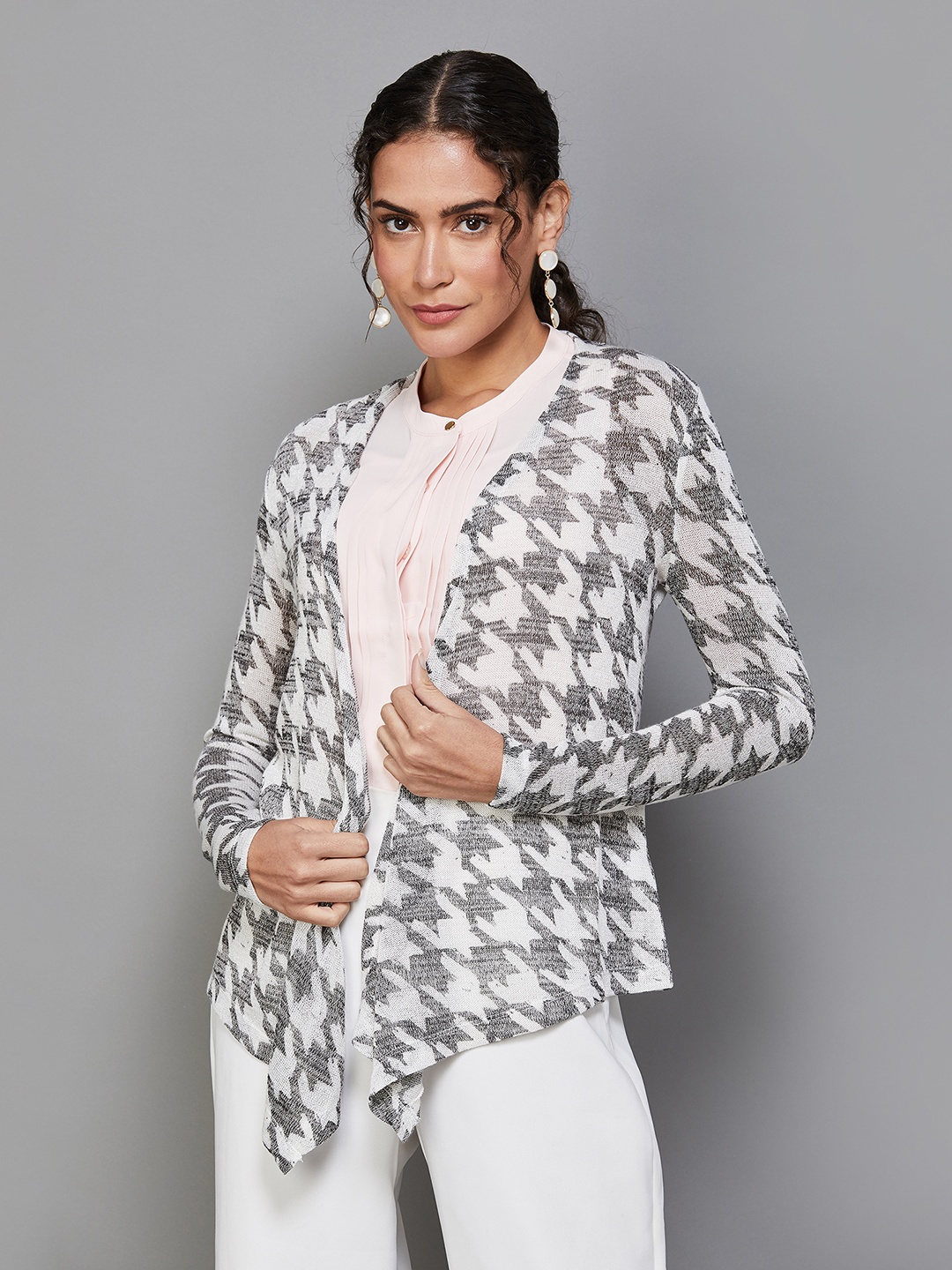 

CODE by Lifestyle Geometric Printed Cotton Open Front Shrug, Black