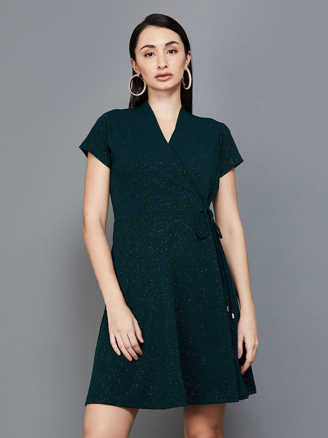 

CODE by Lifestyle Embellished Shimmer Tie-Up V-Neck Mini Wrap Dress, Green