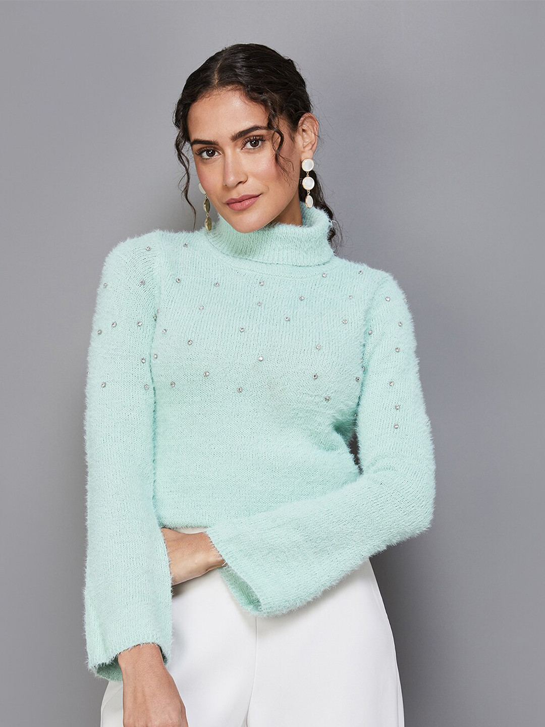 

CODE by Lifestyle Self Design Turtle Neck Embellished Top, Sea green
