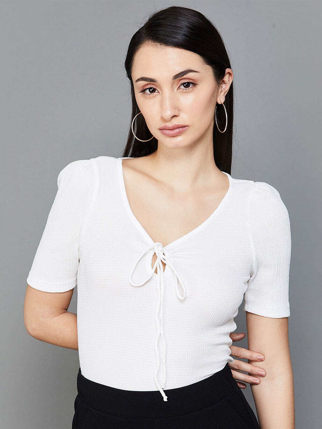 

CODE by Lifestyle Tie-Up Neck Regular Top, White