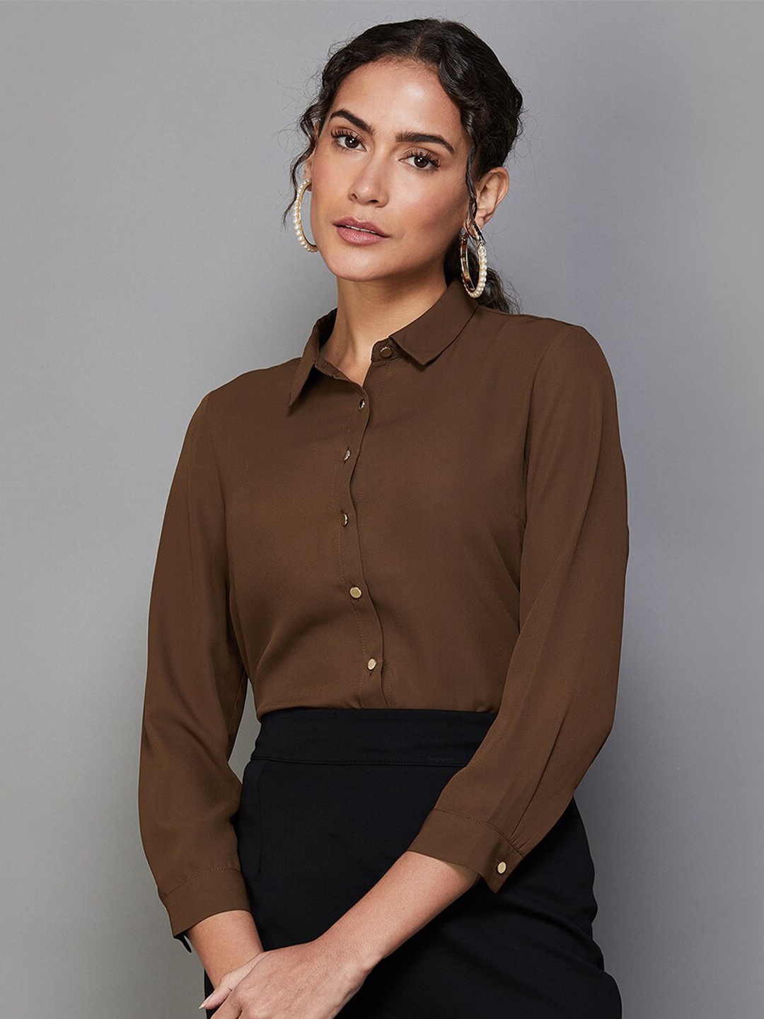 

CODE by Lifestyle Cuffed Sleeves Shirt Style Top, Brown