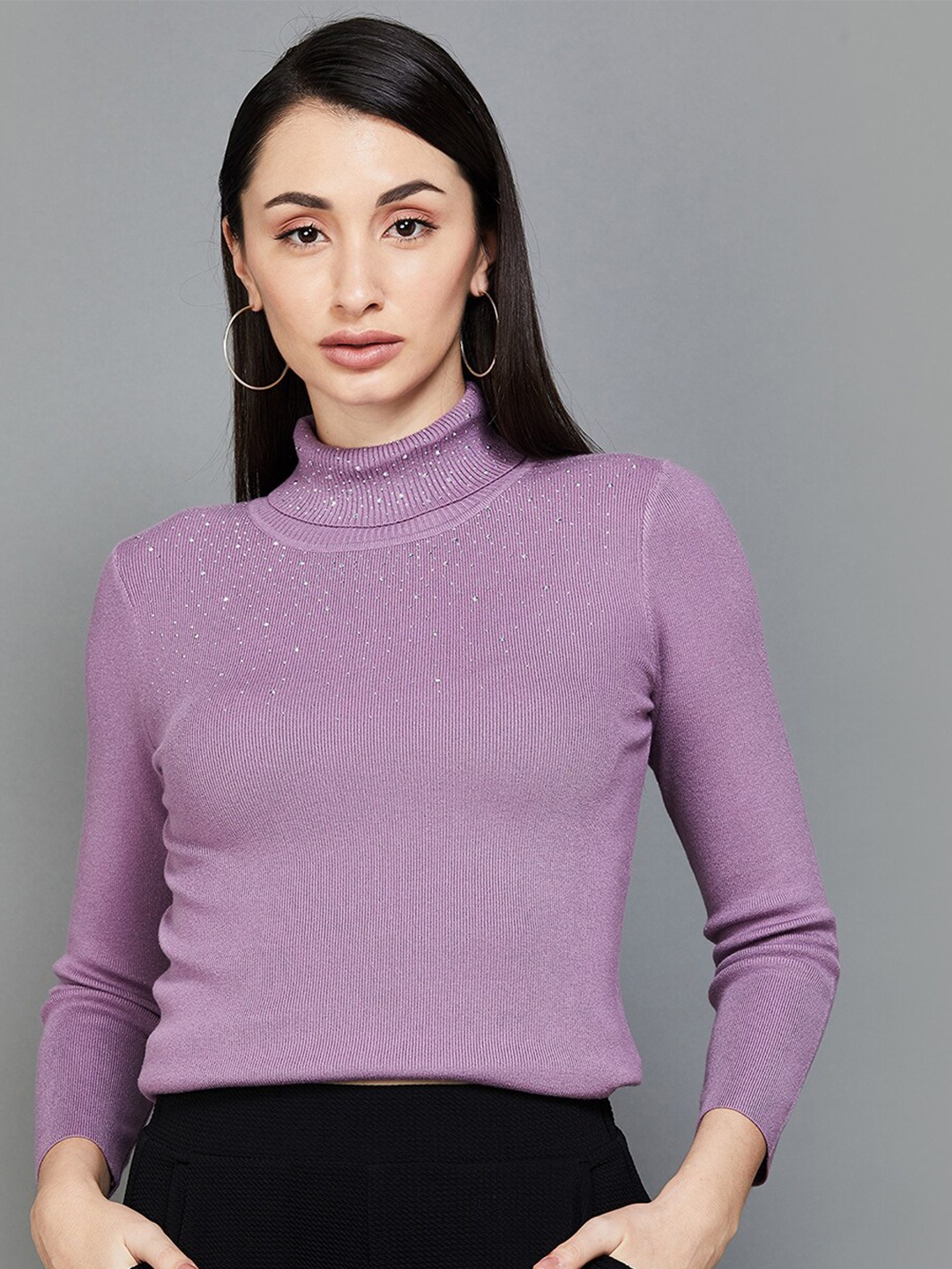 

CODE by Lifestyle Ribbed High Neck Long Sleeves Fitted Top, Purple