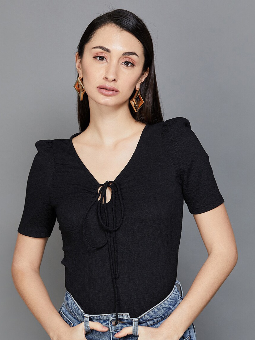 

CODE by Lifestyle Tie-Up Neck Regular Top, Black