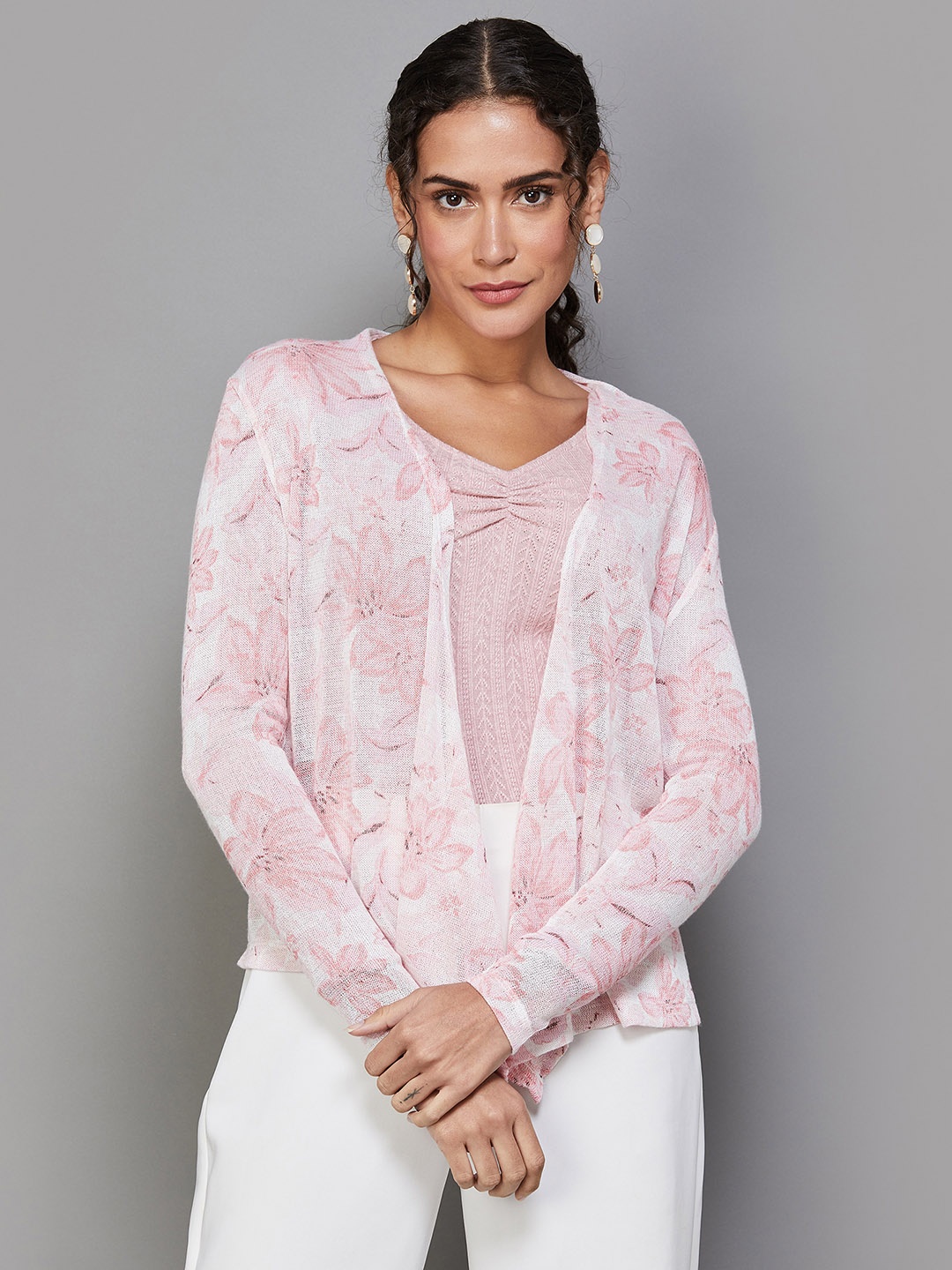 

CODE by Lifestyle Floral Printed Cotton Open Front Shrug, Pink