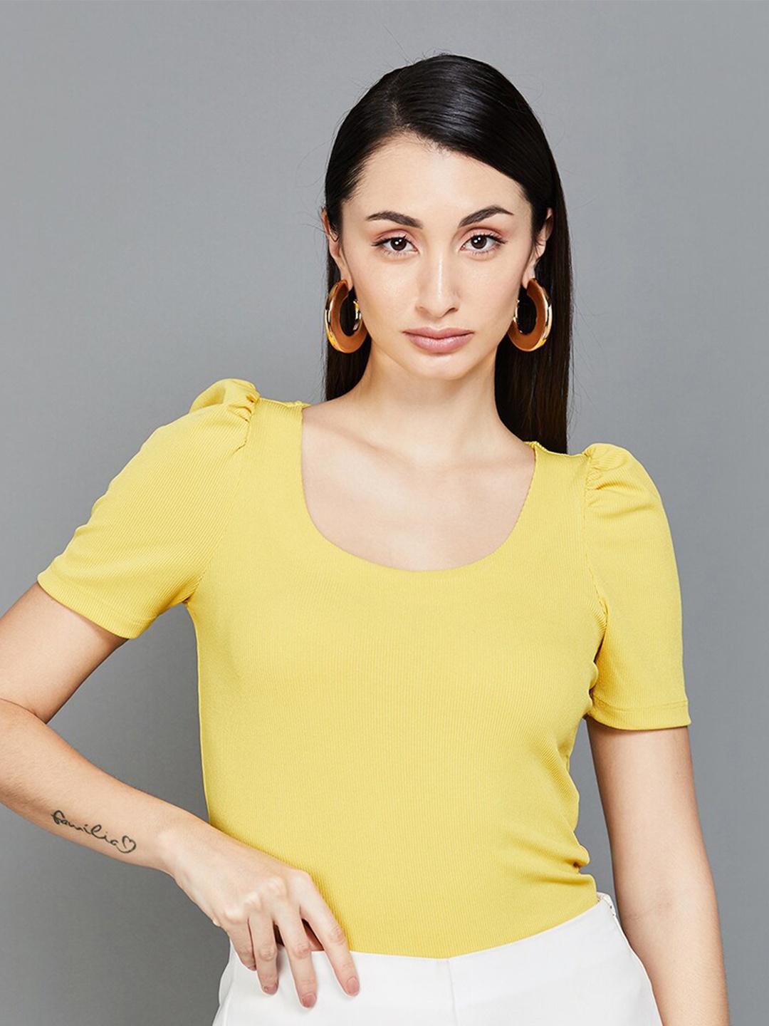 

CODE by Lifestyle Ribbed Scoop Neck Fitted Top, Mustard