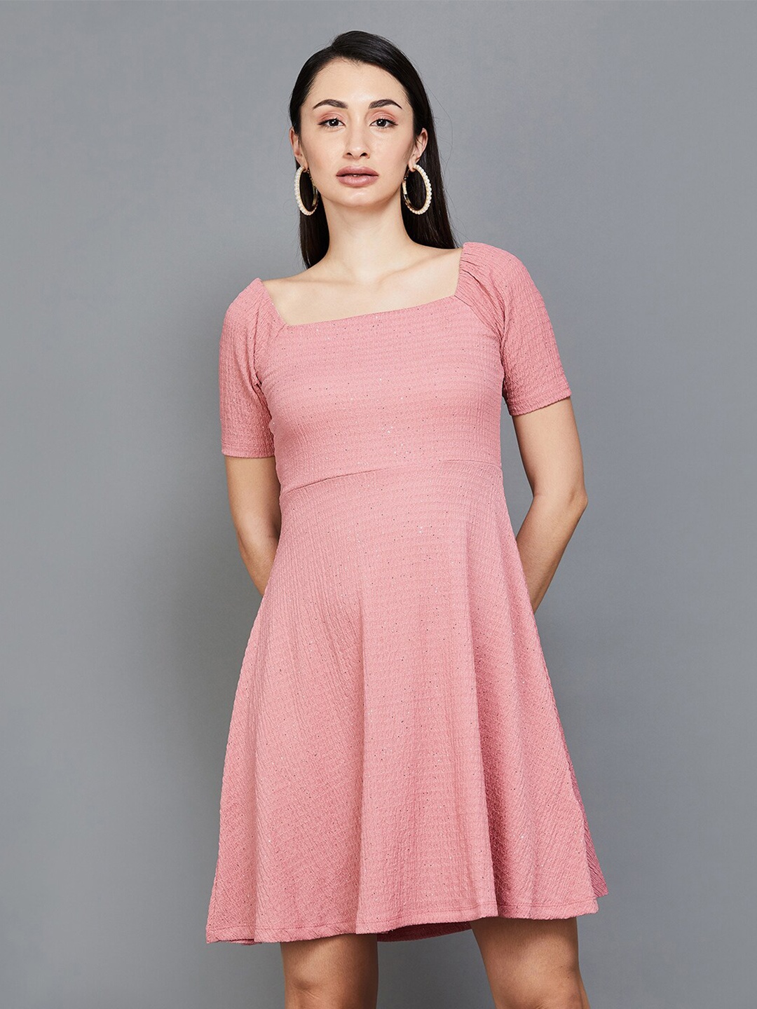 

CODE by Lifestyle Self Design Embellished Square Neck Puff Sleeve Fit & Flare Dress, Pink