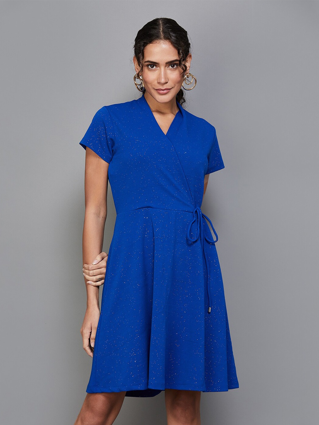 

CODE by Lifestyle Embellished Shimmer Tie Up V-Neck Wrap Dress, Blue