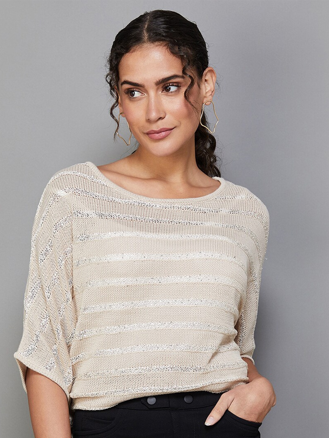 

CODE by Lifestyle Striped Extended Sleeves Top, Beige
