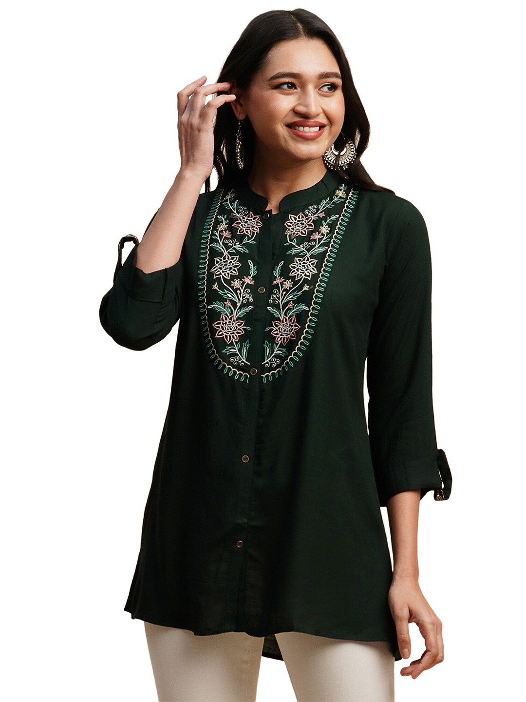 

Nimayaa Embroidered Mandarin Collar Ethnic Tunic, Green