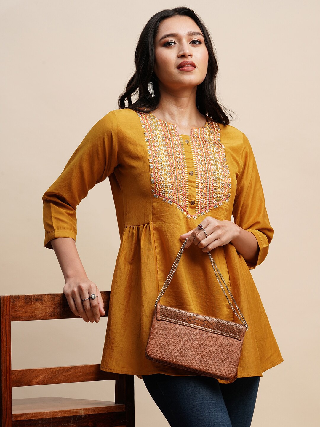 

Sangria Mustard Yellow Geometric Embroidered A-Line Top